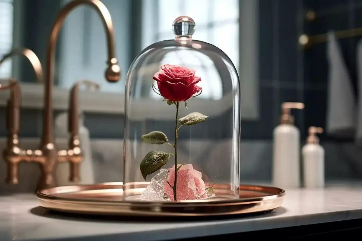 rose éternelle sous cloche dans salle-de-bain