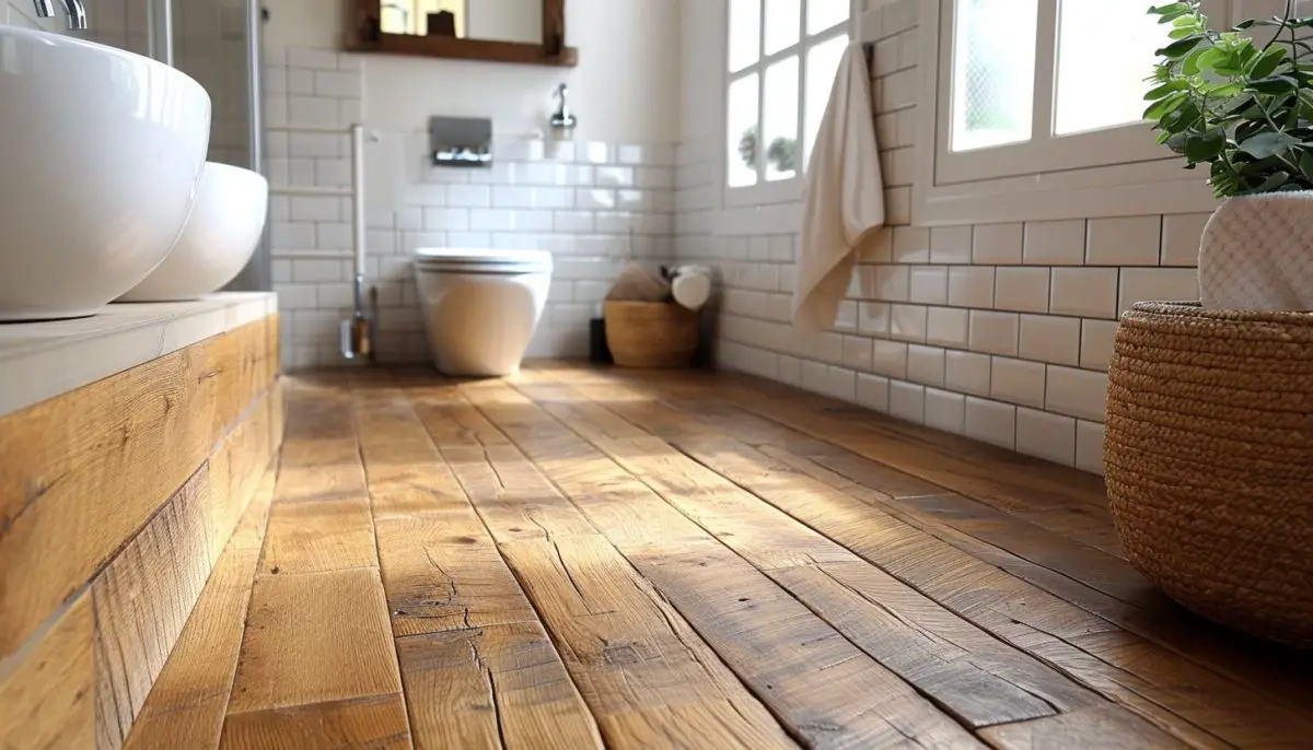 Le charme du parquet bois dans une salle de bain, bois, sol, revêtement